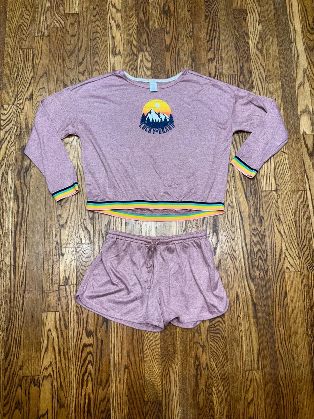 Lucky Brand 2-Piece Lounge Pajama Set Size Large Mauve Rainbow Trim